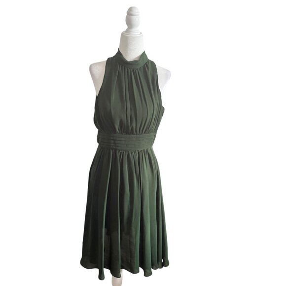 Zara Womens Halter Neck Dress Olive Green Chiffon Elegant L Large - Picture 2 of 11